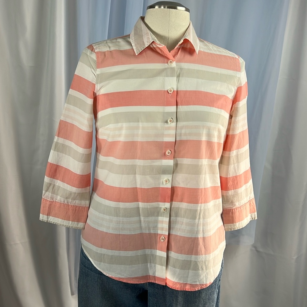 Van Heusen button up cotton stripe orange tan white collared 3/4 sleeve blouse M - Picture 2 of 9